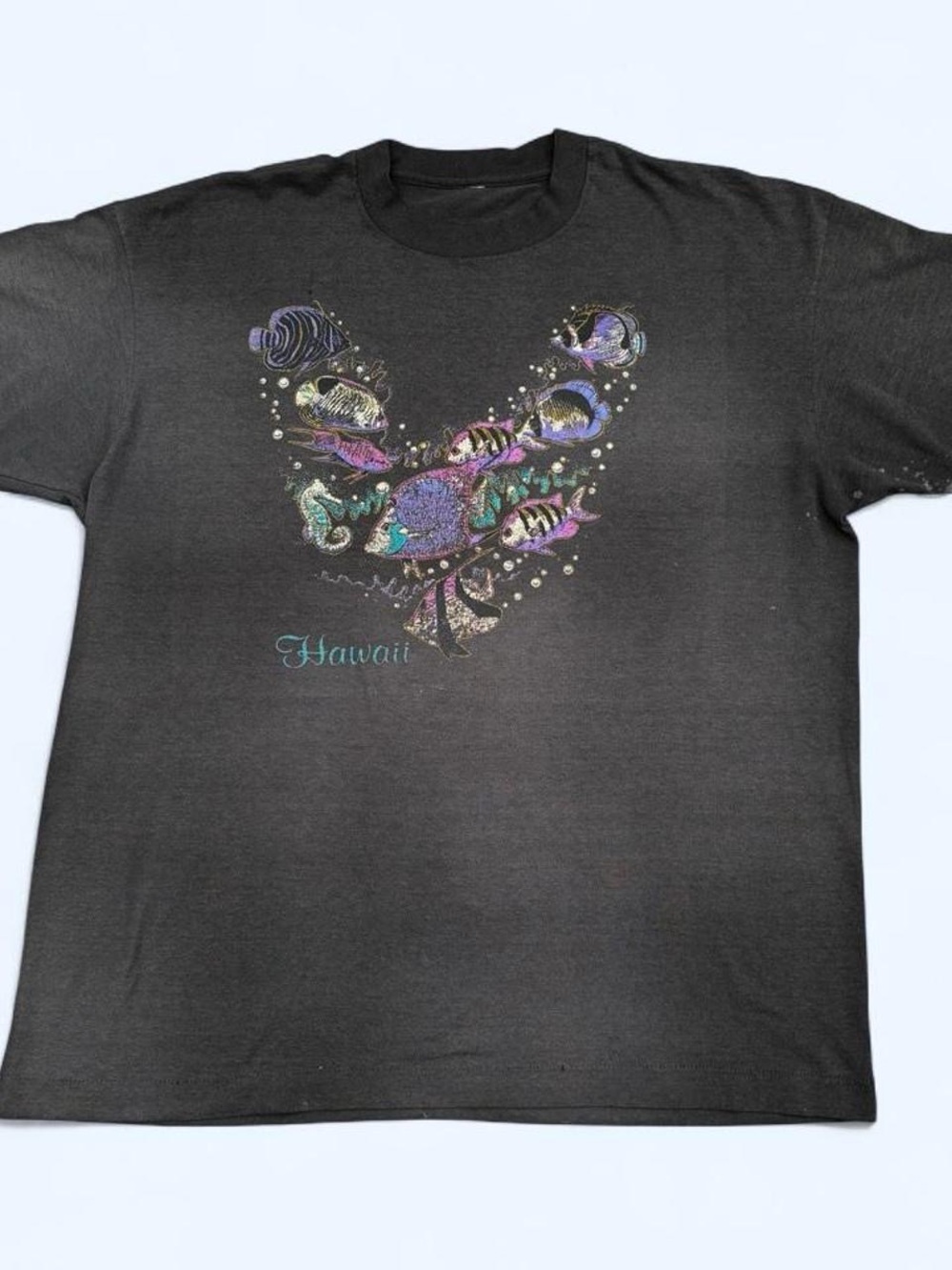 Vintage 90s Hawaii Tropical Fish Single Stitch T-Shirt Faded Black Large